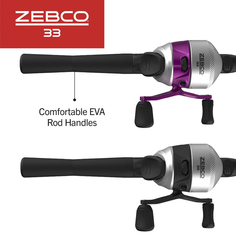 Zebco 33 Spincast Reel and Fishing Rod Combos (2-Pack), 5-Foot 6-Inch 2-Piece Fiberglass Rods with EVA Handle, Quickset Anti-Reverse Fishing Reels with Bite Alert, 1-Pink, 1-Black - Image 5